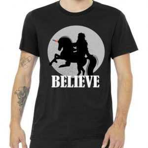 Bigfoot Riding Unicorn Believe tee shirt