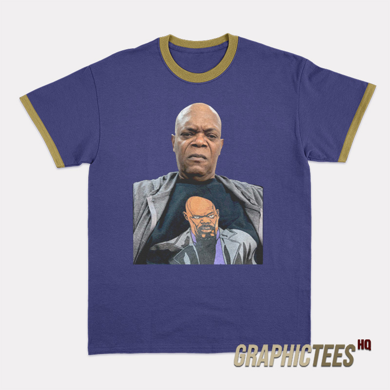 Samuel Jackson Wearing A T-Shirt Of Himself Ringer T-Shirt Samuel Jackson Wearing A T-Shirt Of Himself Ringer T-Shirt